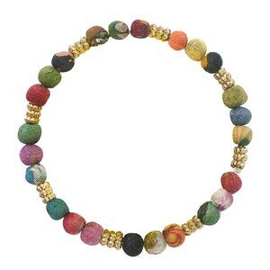 Fair Trade Small Kantha Beads Gold Accents Stretch Bracelet Upcycled Handmade